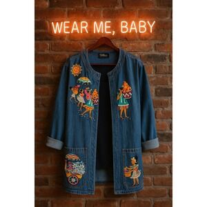 Vtg Bob Mackie Wearable Art Denim Jacket Size S Fiesta Market Scene‎ Embroidered